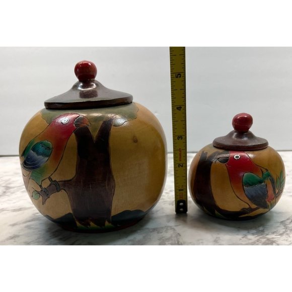 Tropical Birds Wooden Trinket Jar Box Set Toucan Parrots Lidded Vintage - Picture 8 of 12